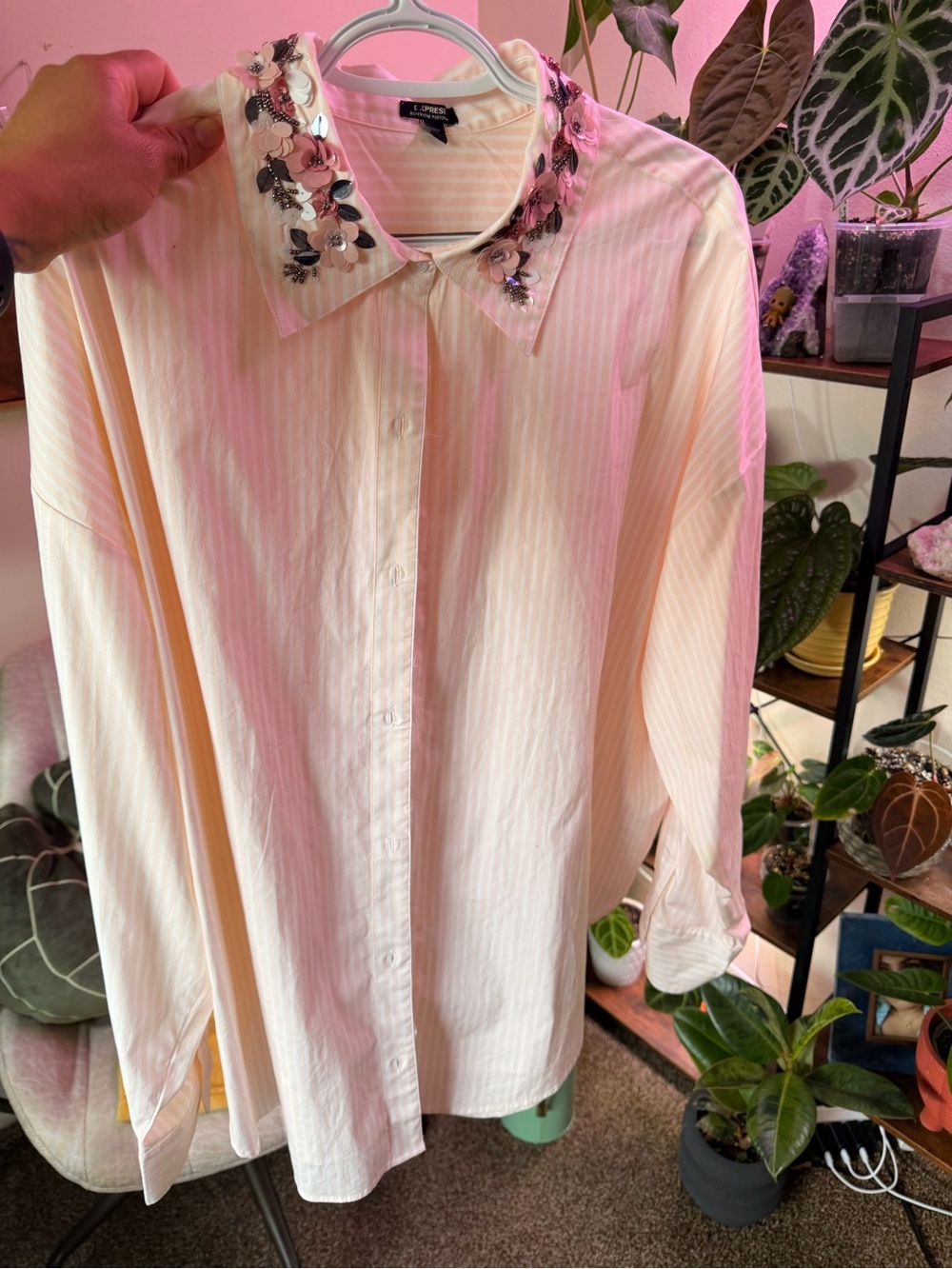 Embellished Collar Cream Button-Up Blouse